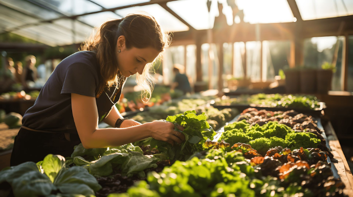 Jeune maraîchère récoltant des légumes dans une serre agroécologique